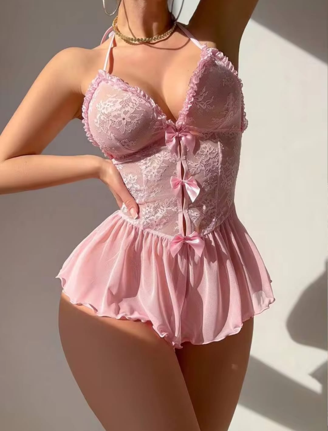 Women’s Pink Lace Bodysuit with Bow Details, Halter Straps & Flared Ruffle Hem